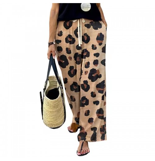 Hot selling Womens Leopard Trousers Pants Drawstring High Waist Wide Leg Ladies Casual Loose Pants For Women Hot selling Womens Leopard Trousers Pants Drawstring High Waist Wide Leg Ladies Casual Loose Pants For Women