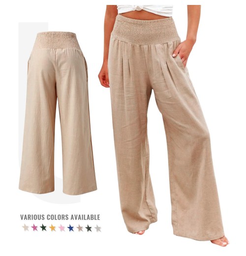 Women's Casual Pants Solid Colour Elastic wide-leg Linen High Waist With Pockets Comfortable Beach Holiday Pants Women's Casual Pants Solid Colour Elastic wide-leg Linen High Waist With Pockets Comfortable Beach Holiday Pants