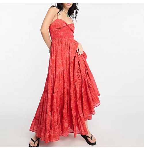 Hot Selling Women's Sweetheart Neck Sleeveless Floral Print Strap Tiered Red Max Long Dress Casual Hot Selling Women's Sweetheart Neck Sleeveless Floral Print Strap Tiered Red Max Long Dress Casual